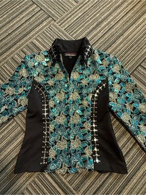 Embroidered Floral Sequin Jacket - Black & Teal